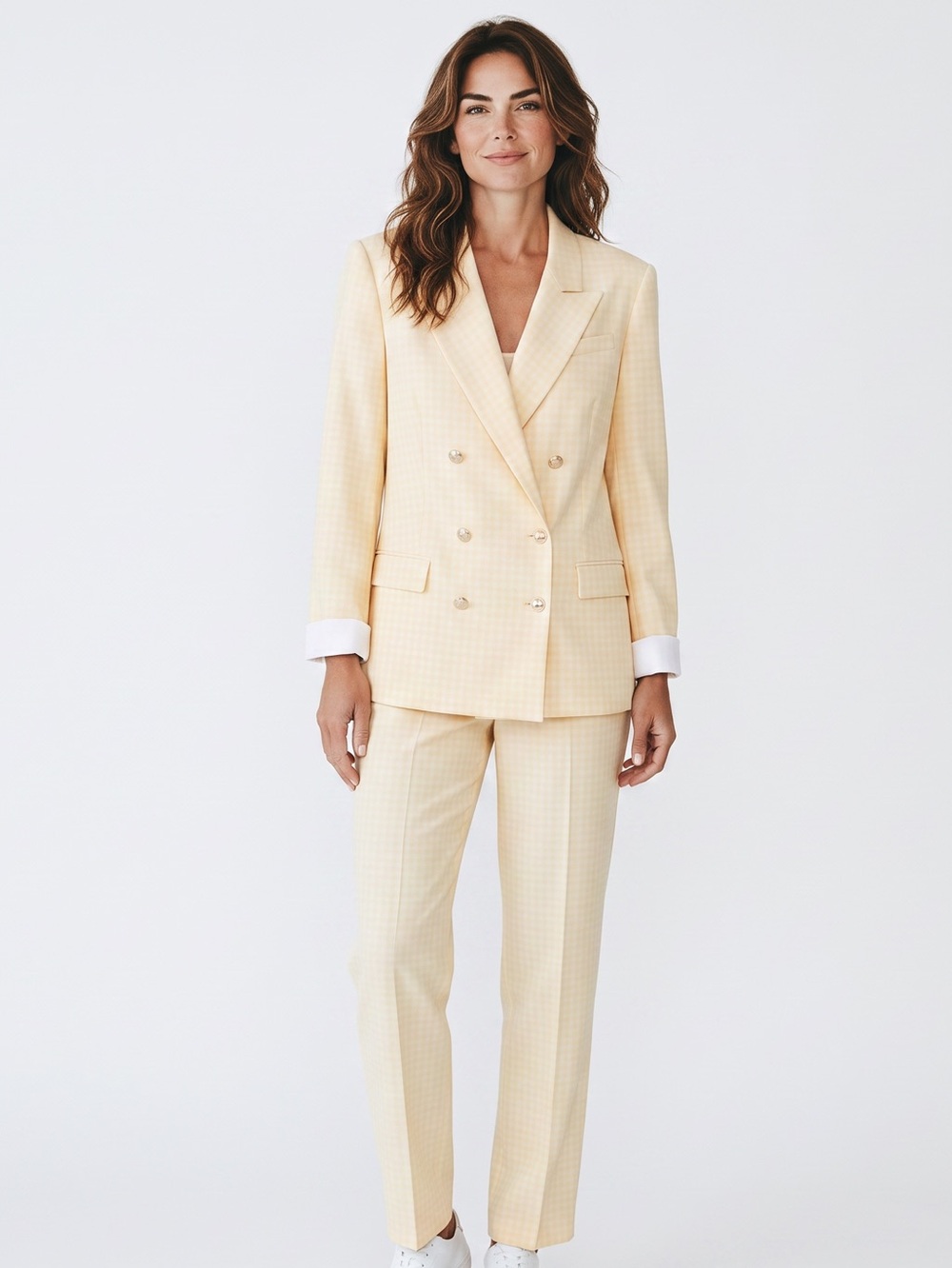 Women’s Double-Breasted Yellow/White Plaid Suit Pants & Blazer Set Size-XXL NIB